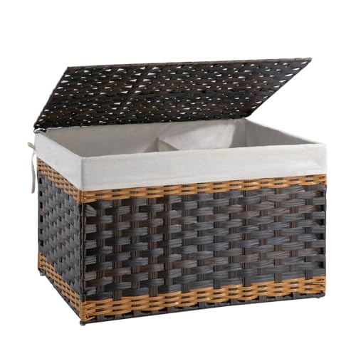 OIAHOMY Storage Basket with Lid, 27.7 Gallon (105L) Blanket Basket with Removable Liner Bag, Synthetic Wicker Hamper with Handle, Foldable, Hamper for Living Room, Brown - color: Gradient Brown, size: 105L