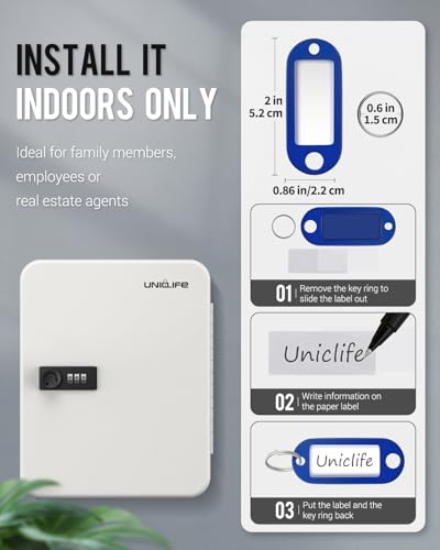 Uniclife 48 Position Key Cabinet with Combination Lock Resettable White Digital Security Storage Box Steel Key Organizer with Colorful Key Tag Labels Stickers and Hooks - color: White, size: 48 Keys