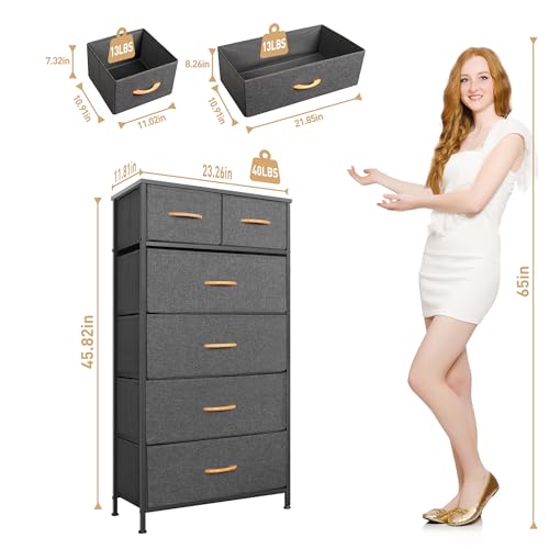 Mifuro Tall Dresser for Bedroom, Vertical Storage Organizer Tower with 6 Drawers, Chest of Drawers with Fabric Bins, Steel Frame, Wood Top for Bedroom, Closet, Entryway- Grey - color: Grey, size: 6 Drawers