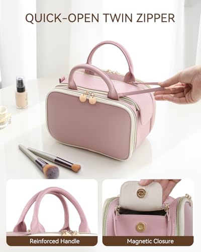 Prite Makeup Bag for Women, Large Capacity Waterproof Travel Cosmetic Organizer, Portable Open Flat Toiletry Bag with Free-standing Brush Holder and Handle(Pink Large) - color: Pink, size: Large