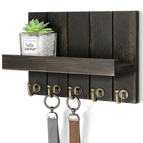 Rebee Vision Pine Wood Key Holder Wall Mount with Floating Shelf – Farmhouse Key Holder for Wall to Maximize Storage Solutions – Mail Organizer for Office Decor (3.54" x 10" x 7.28", Distressed Black) - color: Distressed Black, size: 10 Inch