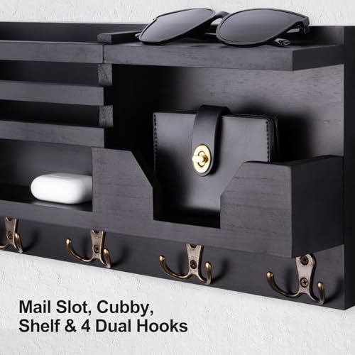 Lwenki Mail and Key Holder for Wall – Decorative 15.9” x 8.7” x 3.2” Entryway Organizer with Shelf – Paulownia Wood with 4 Dual Hooks Includes Mounting Hardware and Installation Guide - color: Black