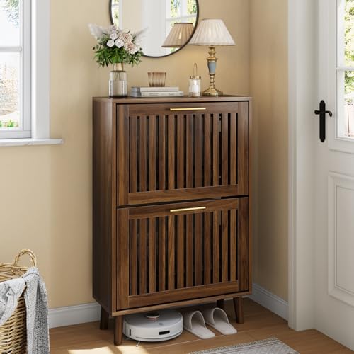 Smart FENDEE Shoe Cabinet Storage for Entryway with 2 Flip Drawers, Slatted Shoe Cabinet with Golden Handle, Wooden Hidden Shoe Rack Freestanding Narrow Slim Shoes Organizer for Hallway, Entrance - color: Walnut, size: 23.62" W