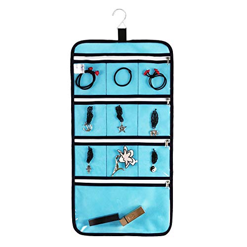 Hanging Jewelry Organizer with 10 Zippered Clear Pockets for Travel Suitcase and Home Closet Jewelry Storage Bag (BLUE) - color: BLUE