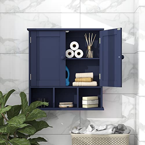 TaoHFE Blue Bathroom Over The Toilet Storage Cabinet,Wall Medicine Cabinet Organizer with 2 Door Adjustable Shelves,Wooden Modern Bathroom Shelves Wall Mounted Laundry Room - color: Blue