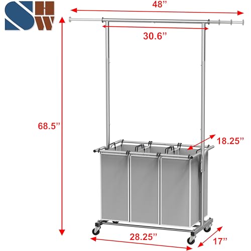 Simple Houseware 3 Bags Laundry Sorter with Extensible Clothes Hanging Rod - color: Silver