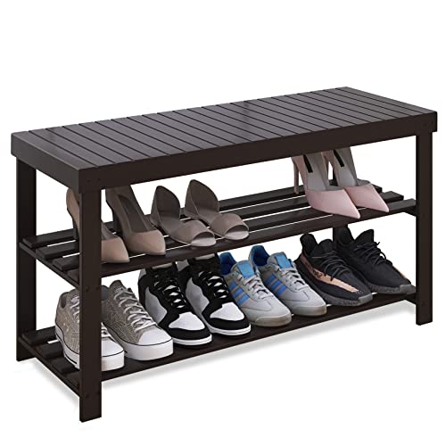 SMIBUY Sturdy Bamboo Shoe Rack Bench, 3-Tier Shoe Organizer, Storage Shelf for Entryway Hallway Bathroom Living Room (Dark Brown) - color: Dark Brown, size: 33.86 x 11.23 x 17.9 inches