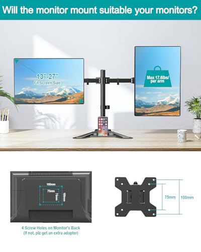 MOUNT PRO Dual Monitor Stand, Free-Standing Full Motion Monitor Desk Mount Fits 2 Screens up to 27 inches,17.6lbs with Height Adjustable, Swivel, Tilt, Rotation, VESA 75x75 100x100, Black - color: Black, size: Dual