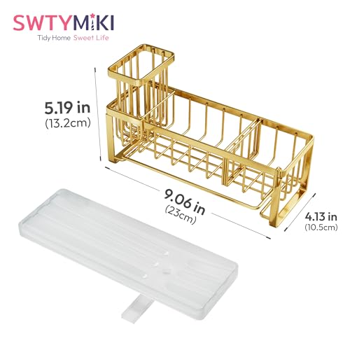 SWTYMIKI Sponge Holder for Kitchen Sink - Sink Caddy with Brush Holder Self-draining Sponge Caddy Organizer with Divider Stainless Steel Kitchen Accessories Storage for Countertop, Gold - color: Gold