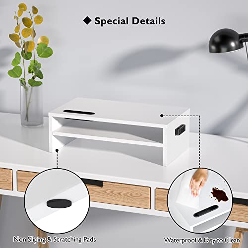 BONTEC Wooden Monitor Stand Riser, 2-Tier Desk Shelf with Storage Organizer, Ergonomic Computer Stand with Cable Management, Cellphone Holder, White, 16.5 Inch - color: White, size: 16.5 inch