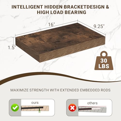 Acovy 16 Inch Floating Shelves, 16"x9.25"x1.5" Inch Deep Floating Shelves for Wall, Wooden Shelves for Bathroom, Bedroom, Living Room, Brown, 2 Pieces - color: Brown, size: 16"x9.25"-2pcs