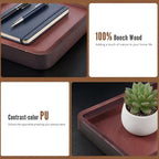 Wooden Valet Tray,Brown Wooden Catch All Tray with Leather Inlay Organizer ，Nightstand, Entryway Bedside Dump Holder, for Keys, Watches, Phones, Wallets Jewelry and More(H=1.2IN)