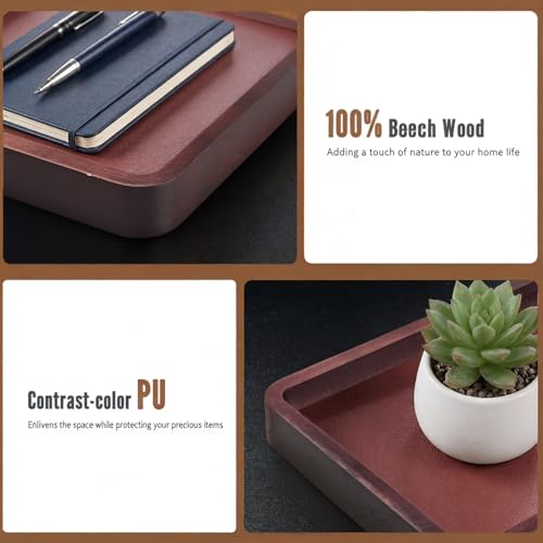 Wooden Valet Tray,Brown Wooden Catch All Tray with Leather Inlay Organizer ，Nightstand, Entryway Bedside Dump Holder, for Keys, Watches, Phones, Wallets Jewelry and More(H=1.2IN)