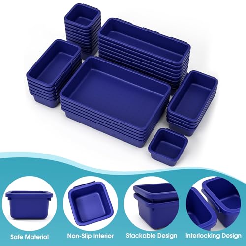 33 PCS Drawer Organizer Set, 4 Size Makeup Drawer Divider Organizer With Non-Slip Pads, Interlocking Plastic Storage Bins for Office,Jewelry Vanity,Gadgets, Bathroom,Kitchen, Navy - color: Navy, size: 33Pack