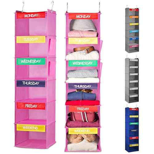 Handy Laundry Hanging Clothes Organizer for Kids - 6-Shelf Closet Daily Clothing Organization Labeled Shelves with Days of The Week Monday Through Friday, Weekday and Weekend (Pink) - color: Pink