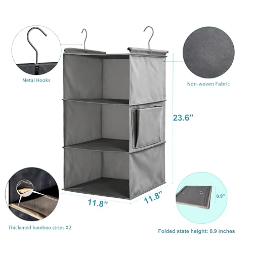 3-Tier Hanging Closet Organizer - Foldable Hanging Shelves for Closet, Space Saver Storage for Clothes, Sweaters, Shoes, Handbags & Accessories, Easy Setup, Grey