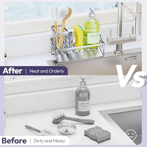 SWTYMIKI Sink Caddy Sponge Holder - Kitchen Sink Organizer with Stainless Steel Self Drain Tray & High Brush Holder for Countertop to Hold Dish Soaps and Sponges, Stainless Steel, Silver - color: Silver-Slope Drain, size: Medium