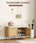 Akxomel Rattan Shoe Storage Bench with Cushion, 2-Tier Entryway Bench with Adjustable Shelves and 2 Doors, 15" D x 31.5" W x 20" H, Solid Wood Legs, for Hallway, Living Room, Bedroom, Natural Oak - size: 15"D x 31.5"W x 20"H