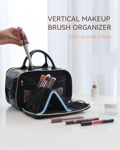 Prite Makeup Bag for Women, Large Capacity Waterproof Travel Cosmetic Organizer, Portable Open Flat Toiletry Bag with Free-standing Brush Holder and Handle(Black Medium) - color: Black, size: Medium