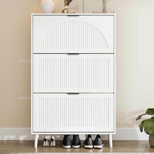 Shoe Storage Cabinet with 3 Flip Drawers, Narrow Wood Shoe Organizer Cabinet with Fluted Panel, Slim Shoe Rack for Entryway, Freestanding Shoe Cabinet for Living Room, Hallway, White - color: White, size: 3-Drawers