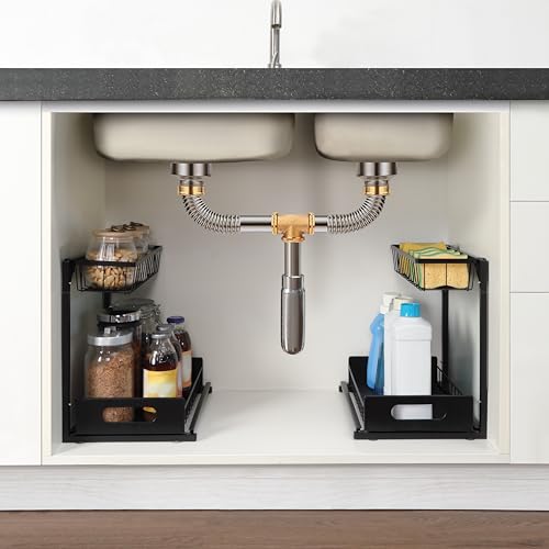 Amazon Basics L-Shape Under Sink Storage Pull Out Cabinet Organizer, Space-Saving Design, Durable and Rust-Resistant, Black, Pack of 2
