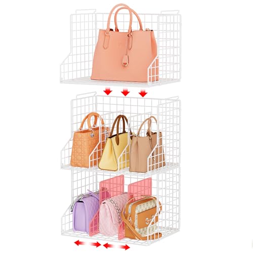 Sonyabecca Purse Storage Organizer for Closet : Adjustable 3-Pack Dividers Handbag Organizer - Stackable Wire Handbags Storage Baskets -Open Cabinets Wallets Tote Chain Bags Clutches -White - size: 3-pack large