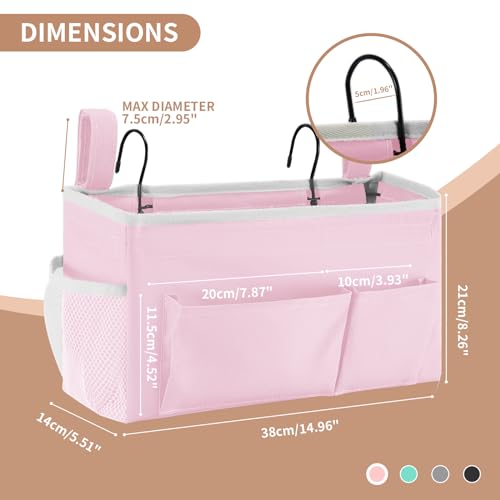 YOUDENOVA Bedside Caddy with 5 Pocket, Bedside Storage Organizer for College, Dorm Bed, Bunk Bed, Pink
