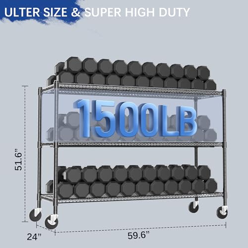 Heavy Duty Shelving, 51.6" H Garage Shelving Unit with Wheels, 3-Tier Garage Storage Shelves Metal Shelves Rack, Adjustable Industrial Shelving for Warehouse Storage, 60" W x 24" D x 51.6" H, Black - color: Black, size: 24D x 60W x 51.6H(3Tier-with-Wheel)