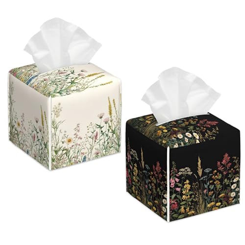 Tissue Box Cover - Vintage Floral Tissue Holder, Square Leather Napkin Holder Facial Paper Case Decorative Tissues Cover for Home Kitchen Dining Bathroom Office, 2 Pcs - color: Vintage Floral