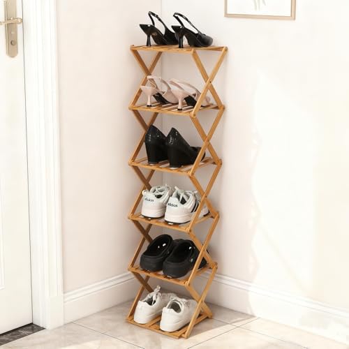 Bamboo Shoe Rack 6 Tier Foldable Shoe Rack Narrow Vertical Shoe Organizer Free Standing Shelf, Multifunctional Slim Storage for Entryway, Corner, Bedroom, Hallway, Wood Color - color: Wood Color, size: 6-tier