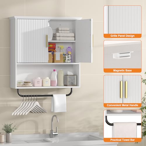 Bathroom Wall Cabinet with Towel Bar, 2 Doors & Adjustable Shelves - Space Saving Wood Wall Mounted Medicine Cabinet Storage Organizer for Bathroom, Laundry, Kitchen, Living Room (White) - color: White, size: 7.87"D x 23.6"W x 26.6"H
