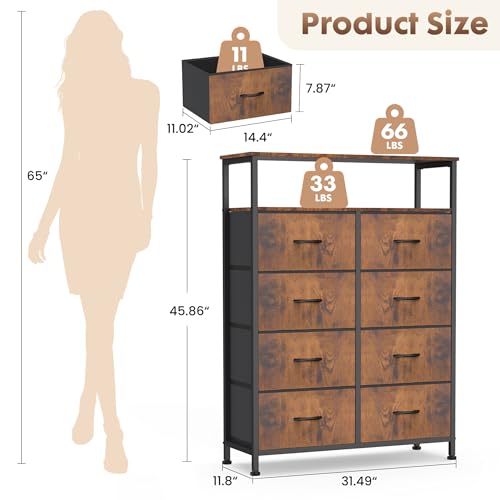 DUMOS Fabric Dresser for Bedroom with 8 Drawers, Tall 8-Drawer Chest of Drawers with Raised Shelf, Storage Tower with Fabric Bins for Closet Organization, Hallway Storage, Brown - color: Brown, size: 31.5"D x 45.9"W x 11.8"H (8 Drawers)