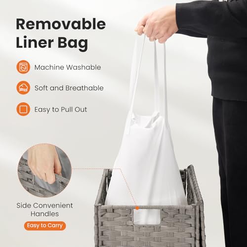 DUMOS Woven Laundry Basket with Lid, 90L Large Capacity Hamper, Removable & Machine-Washable Liner, Foldable Rattan Clothes Hamper, Sturdy Steel Frame, Odor Control, Dove Gray - color: Dove Gray, size: 90L
