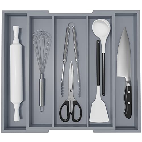 Large Kitchen Utensil Drawer Organizer - Expandable 5 Slots Cooking Utensil Organizer Multipurpose Silverware Organizer for Storage Repair Tools, Painting Tools W13.7"-19.9" x L17.6" X H2.5" (Grey) - color: Grey