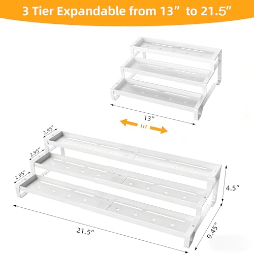 3-Tier Spice Rack Organizer, 13"-21.5" Expandable Spice Organization Shelf, Metal Seasoning Organizer for Kitchen Countertop or Pantry, Slip-Resistant Design for Jars and Bottles, White - color: White