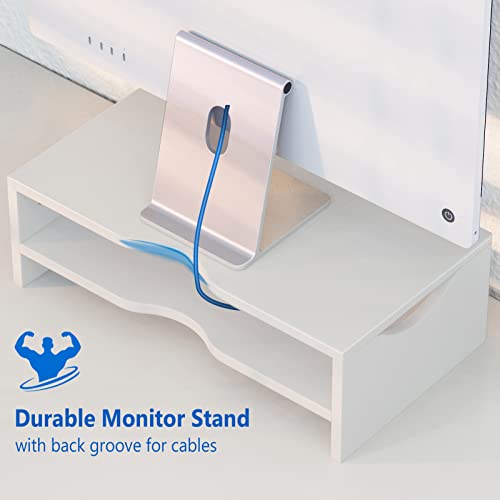 Monitor Stand Riser for Desk, 2 Tiers Laptop Computer Riser for PC Screen, iMac, Desktop Wooden Screen Monitor Stand with Storage Organizer for Home Office, White