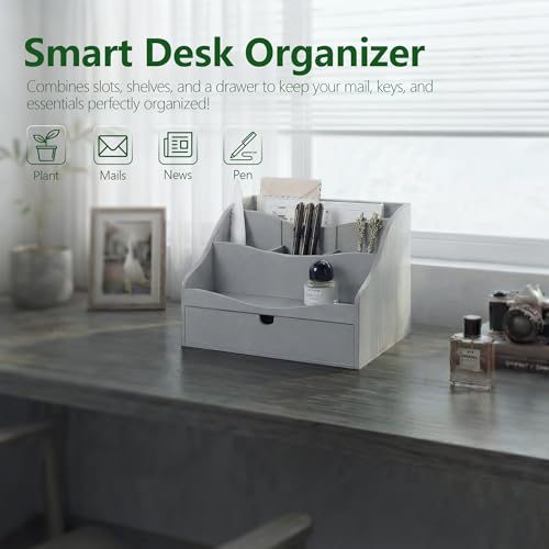 Pine Wood Mail Organizer for Desk - Rustic Farmhouse Mail Sorter Countertop Organizer for Letter Paper, Files & Everyday Essentials - Wooden Folder Organizer with Drawer for Home & Office Decor (Gray) - color: B-Gray