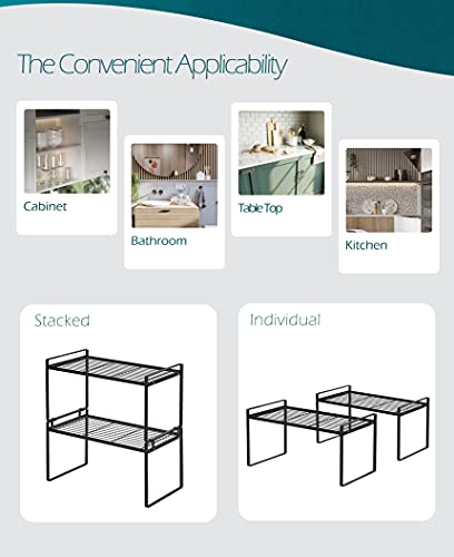 Shantton 2Pack Cabinet Shelf Organizer Storage Rack Space Saving for Kitchen Counter Pantry Bathroom Cupboard Under Sink Office Table Steel Stackable Rust Resistant Heavy Duty Nonslip 16” Black - Tall - color: Black, size: L16" W8.3" H9.5"