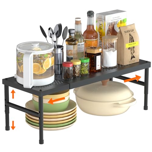 Expandable adjustable stackable kitchen organizer,Spice Racks,Counter Shelf for Cabinets,Small Cupboard Organizers,Heavy Duty Metal Pantry Storage Shelves Racks for kitchen, cabinet, study, bathroom - color: Black