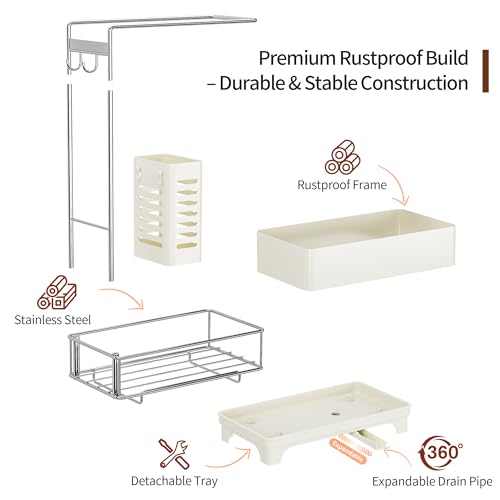 MOUKABAL Sponge Holder for Kitchen Sink, 2-Tier Sink Caddy Organizer with Drain Holes and Hooks, Holds Dishcloth, Sponge & Brushes, Kitchen Countertop Storage for New Home Essentials Off-white - color: Off-White 2