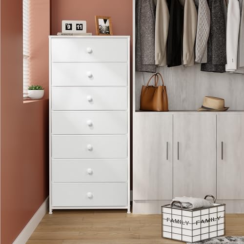 Crestlive Products Tall Dresser, 7-Drawer Wide Fabirc Storage Tower, Chests of Drawers - Vertical Organizer Unit for Bedroom, Hallway, Entryway, Nursery, Wood Top, Closets with Handles (White) - color: White, style: Wide-7 Drawers