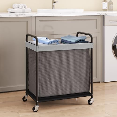 ELYKEN Laundry Hamper 2 Section, 100L Rolling Laundry Sorter with Removable Liner Bag, Laundry Basket with Wheels, Steel Frame with Metal Handle, Clothes Hamper Cart for Laundry Room & Bedroom - color: Gray, size: 2-Section