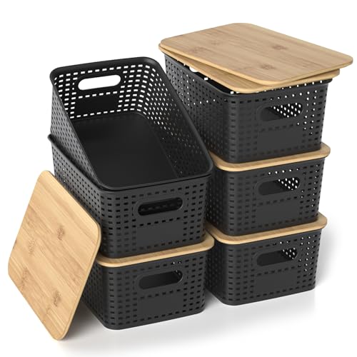 Plastic Storage Baskets with Bamboo Lids, Stackable Small Box Bins for Organizing and Containers for Shelves Drawers Desktop Closet Pantry Classroom Office Home, 6 Pack 10.2x7.2x4.1 Inch, Black - color: Black