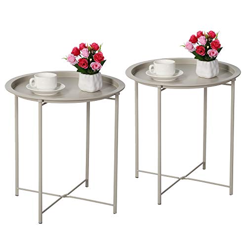 VECELO Side/End Table, Folding Round Metal Anti-Rust and Waterproof Outdoor or Indoor Tray for Living Room Bedroom Balcony and Office, 2 PCS, Grey - color: Grey, size: 2 PCS