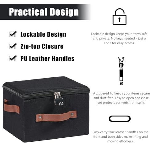 2PCS Storage Bins Boxes with Zipper Lid Combination Lock PU Leather Handles Cotton Linen Fabric Lidded Lockable Baskets Foldable Washable Closet Shelf Organizer Container (Black, Small) - color: Black, size: Small ( Set of 2 )