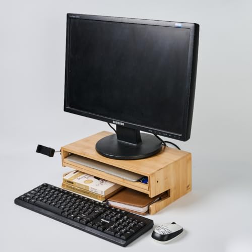 Monitor Stand Desk Top Organizer with Storage Drawer & Phone Holder,Bamboo Monitor Stand with Keyboard Tray, Wide Monitor Riser Non Slip Desk Riser