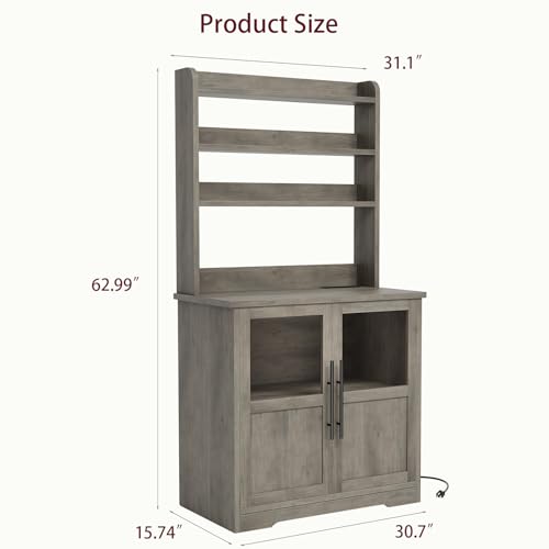 IDEALHOUSE Bakers Rack With Storage Cabinet, Microwave Stand With Power Outlets, Farmhouse Bakers Rack With Thick Table Top, Small Kitchen Pantry for Kitchen,Dining Room,Retro Gray - color: Retro Gray, size: with 2 Glass Door