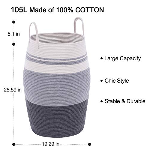Cotton Rope Laundry Hamper by YOUDENOVA, 105L - Woven Collapsible Laundry Basket - Clothes Storage Basket for Blankets organizing, Bedroom Storage, Clothes Hamper – Grey - color: Dark Grey