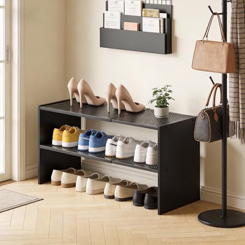 YATINEY Expandable Shoe Rack, 2-Tier Adjustable Entryway Shoe Organizer, Stackable Closet Shoe Rack for Small Space, Compact Shoe Shelf Storage for Garage Holds Up to 12 Pairs, Black SS03BB - color: Black