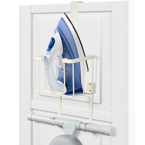 ORLESS Over The Door/Wall Mount Ironing Board Hanger, Laundry Room Iron and Ironing Caddy Board Storage Holder White - color: Regular White